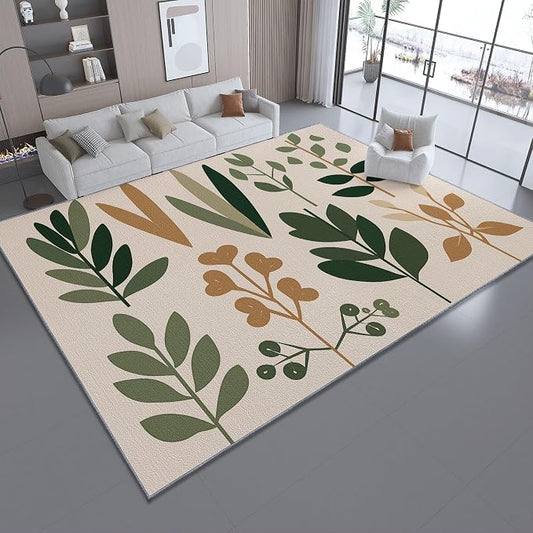 Area Rugs for Living Room, 5x6 Washable Rug Green Soft Low Pile Non-Slip Carpet Stain Resistant Carpets for Bedroom Dining Room Farmhouse Nursery, Retro Leaves Bohemian Plants