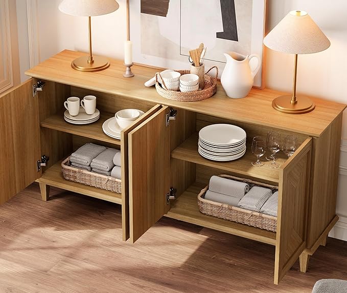 WAMPAT 130-inch Handcrafted Patchwork Decorative Buffet Cabinet with Pop-Up Design Doors,2-in-1 Large Modern Farmhouse Accent Credenza for Coffee Bar, Kitchen, and Living Room, Natural Oak