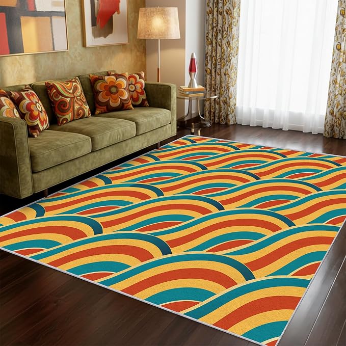 70s Rug 4x6 Retro Abtract Groovy Stripes Pattern Area Rugs for Living Room, Bedroom, 70s Home Decor Accessories Indoor Carpet, Non Slip & Machine Washable, GD0365