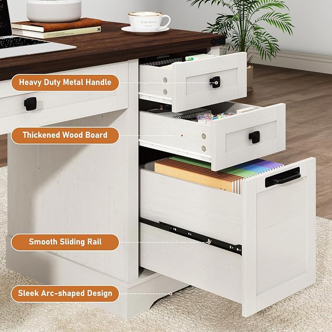 Squireewo 58'' Farmhouse Home Office Desk with Drawers, Wooden Executive Desk with Charging Station, File Drawers and Storage Cabinet, Computer Desk for Work, Study and Writing, Rustic White