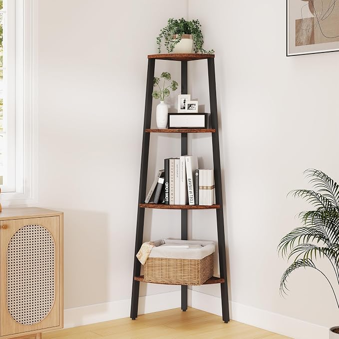 Corner Shelf, 4 Tier Ladder Corner Bookshelf, Display and Bookshelf Stand Unit, Anti Tip Feature, Space Saving, Ideal for Plants, Books, Living Room, Bedroom, Rustic Brown