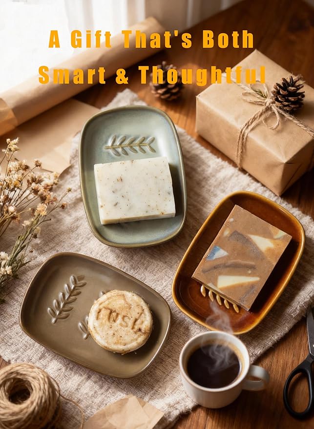 Soap Dish for Shower, Ceramic Soap Holder Soap Dishes for Large Bar Soap Sponge, Decorative Soap Saver Tray for Bathroom Kitchen Sink Bathtub, Pro-Environment, Extend Soap Life, Dark Brown
