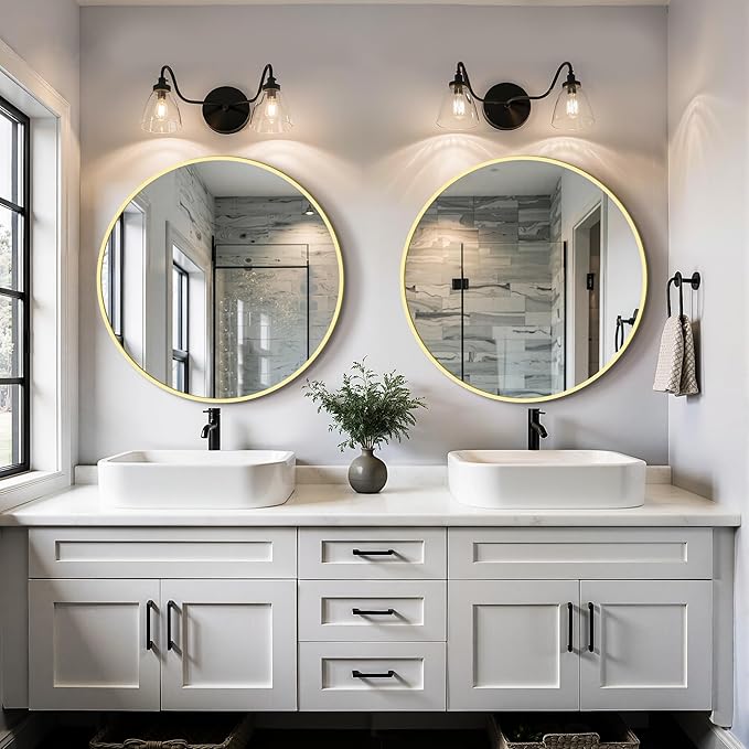 Round Bathroom Mirror for Wall, 2 Pack 22 inch Circle Bathroom Mirrors for Over Sink, Modern Circular Metal Frame for Vanity, Entryway, Bedroom, Living Room(Gold)