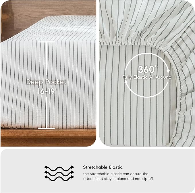 MooMee Striped Sheet Set 100% Washed Cotton Linen Like Textured Breathable Durable Soft Comfy (White Heathered Green Wide Stripes, Queen)