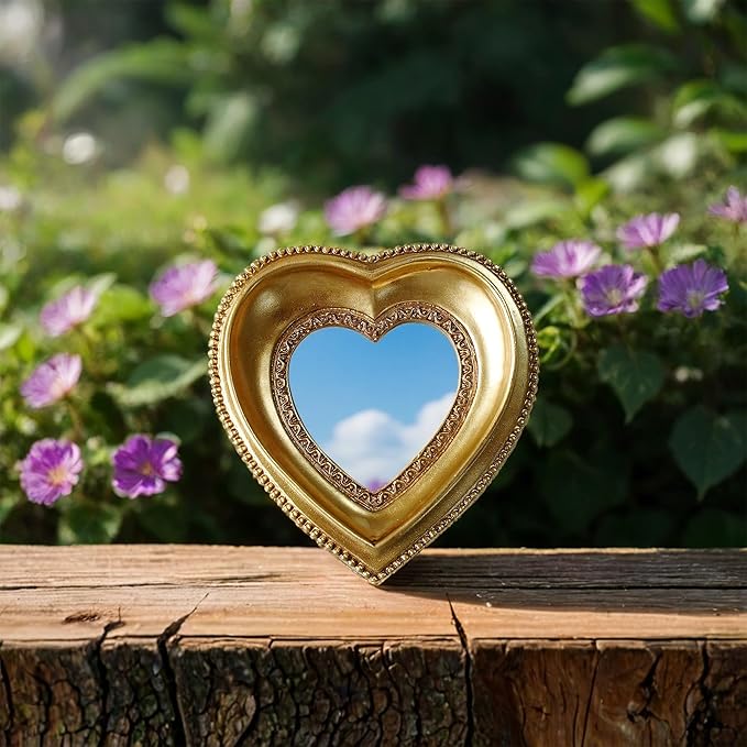Golden Mini Vintage Mirror with Exquisite Relief Elegant Wall Decor for Bedroom Dresser Table Compact Resin Retro Design (Heart, 4.3X4.3)