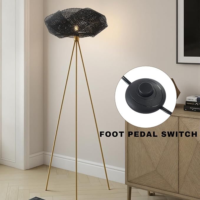 Handwoven Tripod Floor Lamp, Boho Bamboo Woven Lotus Shade Tall Standing Lamp, Black Metal Base for Living Room Bedroom Entryway, E26 Socket (Black)