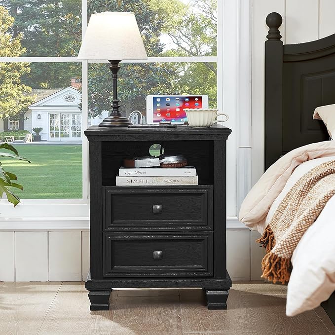 Farmhouse Nightstand Set of 2 with Charging Station, Rustic Black Nightstand with Drawers, Bedside Table with Open Shelf for Bedroom, Black