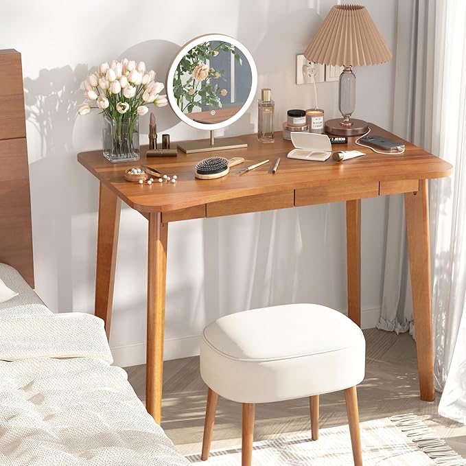 100% Solid Wood Desk with Drawers - 40 x 24 Inch Home Office Computer Desks, Modern Writing Desk with Drawers, Simple Study Table Makeup Vanity - Walnut Vintage Desks