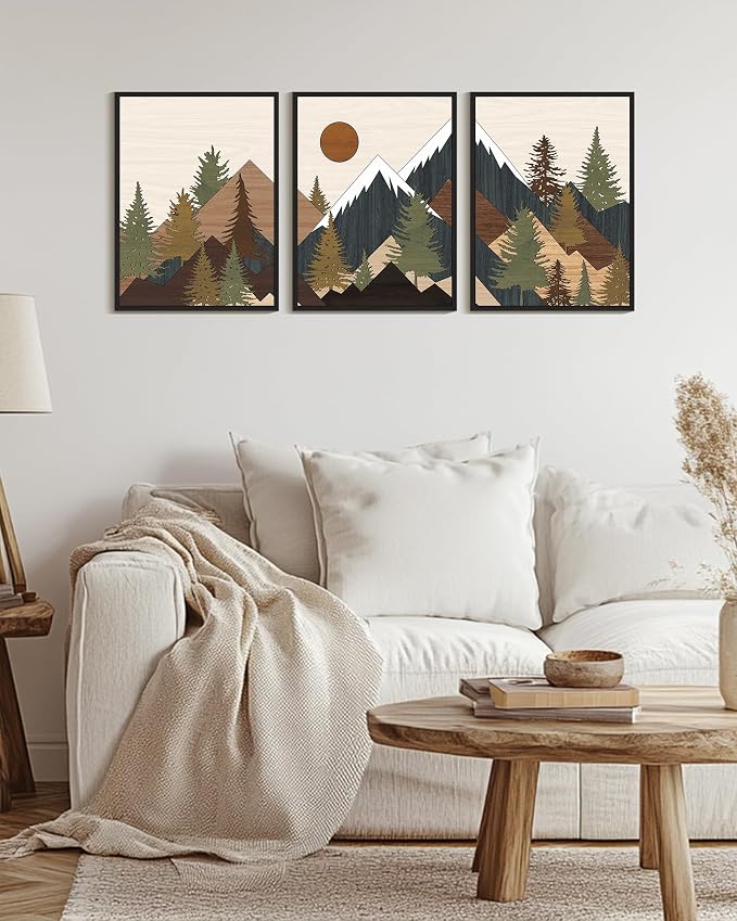 KUVIOKE Morden Mountains Framed Wall Art Boho Pine Tree Forest Nature Landscape Artwork Bohemain Farmhouse Rustic Bedroom Living Room Decor 12x16in (Black Framed)