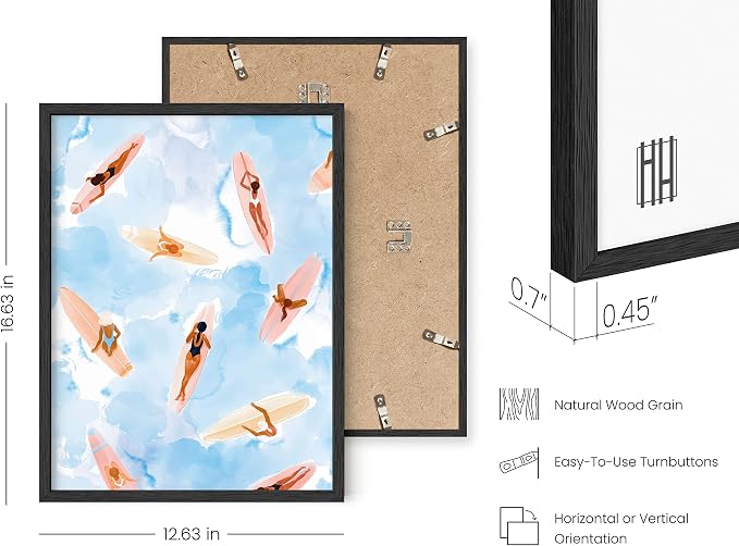 HAUS AND HUES Beach Wall Decor - Watercolor Beach Scene with Surfboard, Teen Girls Room Decor (Black Frame, 12x16)