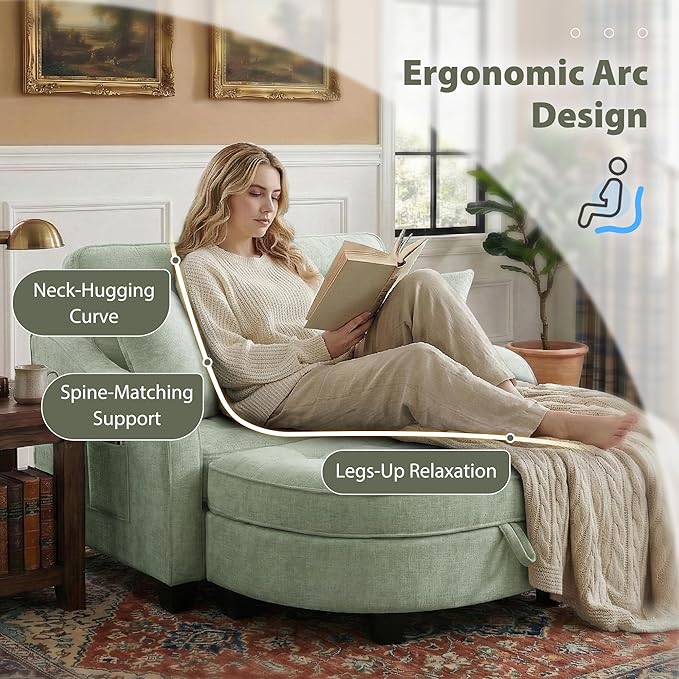 Round Chaise Lounge Chair with Storage Ottoman, Oversized Bubble Chair and a Half Featuring Adjustable Backrest, Plush Reading Accent Chair and Ottoman Set for Bedroom, Mint Cyan