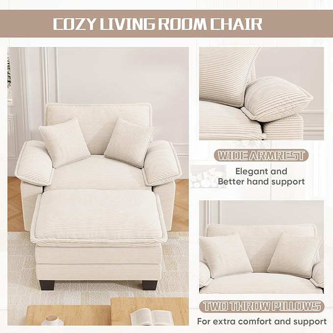 Chaise Lounge Chair Indoor, Oversized Accent Chairs with Ottoman, Luxury Corduroy Upholstered Deep Seat Sleeper Sofa Reading Chairs and A Half with Pillows for Living Room, Bedroom, Apartment,Beige
