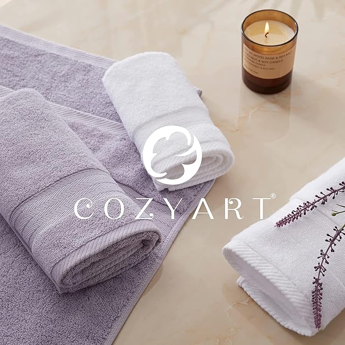 COZYART Lavender Luxury Bath Towels Set 3, Turkish Cotton Hotel Large Towels Bulk for Bathroom, Thick Bathroom Set of 3 with 1 Bath Towel, 1 Hand Towel, 1 Washcloths, 650 GSM.