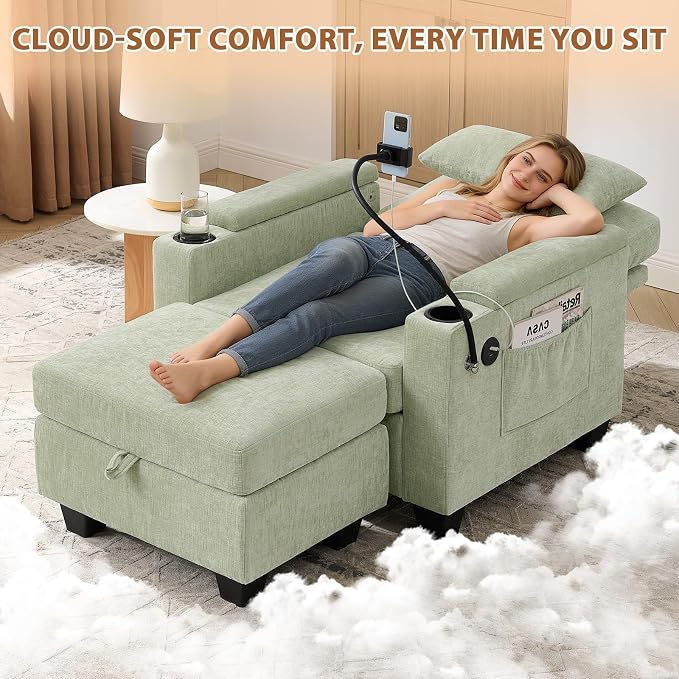 Oversized Chaise Lounge Chair Indoor, Single Convertible Recliner Reading Arm Sofa Chair W/Adjustable Backrest & Charging Port Couch Bed for Living Room, Home Theater & Bedroom, Cyan