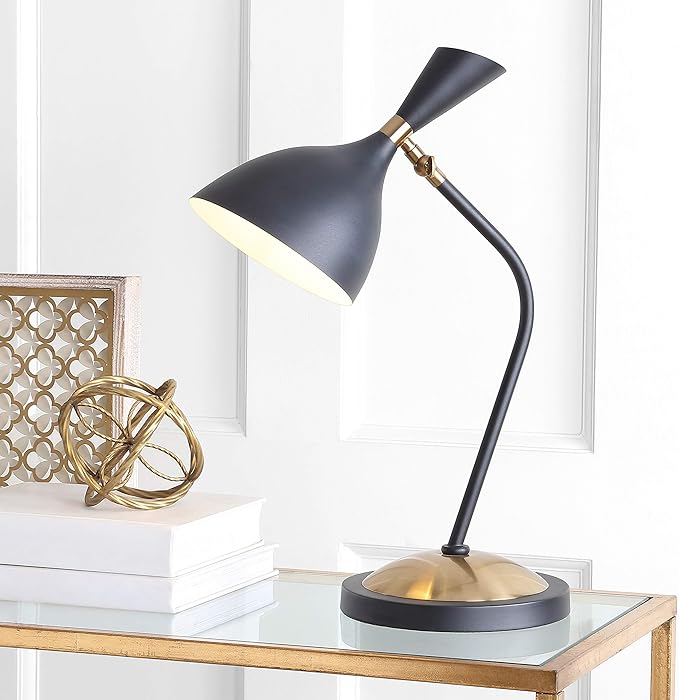 JONATHAN Y JYL9065A Albert 21.5" Iron Retro Mid-Century LED Table Lamp Contemporary Glam Bedside Desk Nightstand Lamp for Bedroom Living Room Office College Bookcase, Black/Brass Gold