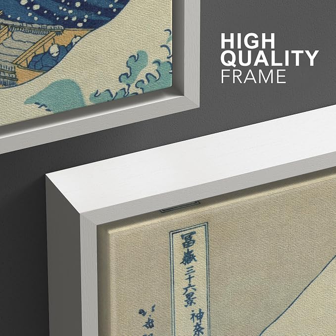 wall26 Framed Canvas Print Wall Art Set The Great Wave Off Kanagawa by Hokusai Cultural Historic Oil Painting Fine Art Reproduction Scenic Colorful for Living Room, Bedroom, Office - 24"x36"x3 White
