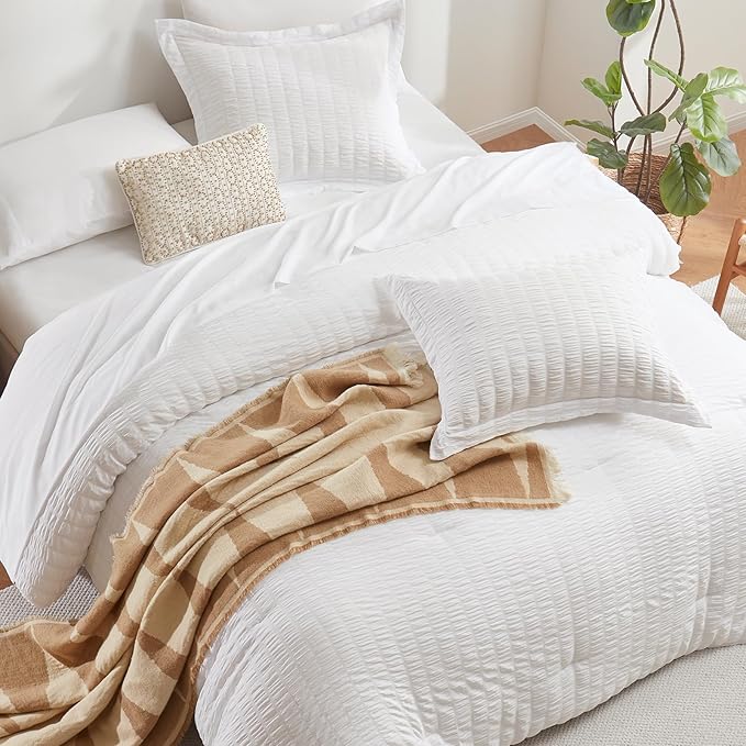 CozyLux Oversized Queen Comforter Set with Sheets, 7 Pieces 98"x98" White Seersucker Bed in a Bag, Luxury Soft Bedding Sets with Down Alternative Comforter, Sheets, Pillowcases & Shams, Home Gift