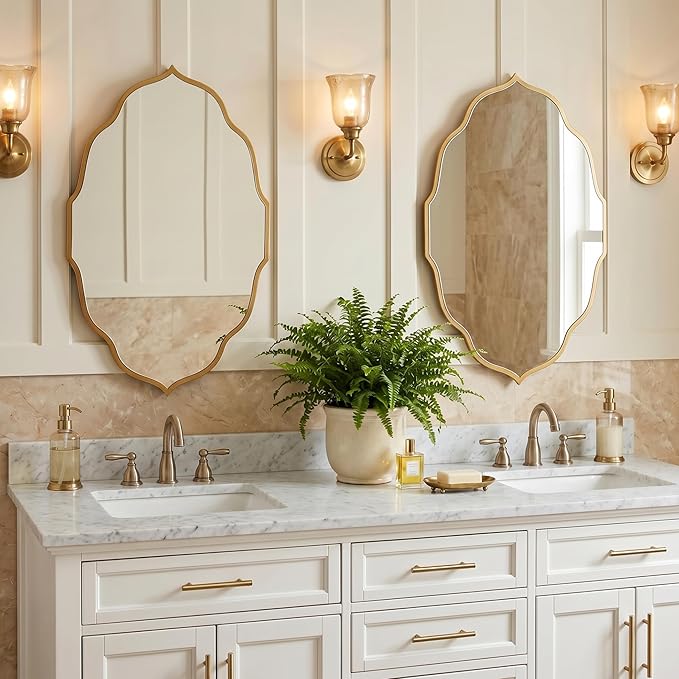 PERFNIQUE Gold Scalloped Wall Mirror, 32''×20'' Wavy Oval Mirror for Bathroom, Large Decorative Mirror for Entryway, Bedroom & Living Room, Hanging or Leaning