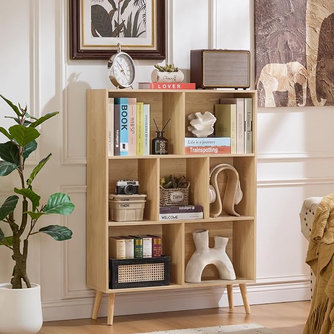 LEYAOYAO Cube Bookshelf 3 Tier Mid-Century Light Wood Modern Bookcase with Legs,Retro Wood Bookshelves Storage Organizer Shelf,Freestanding Open Book Shelves for Bedroom,Living Room,Office