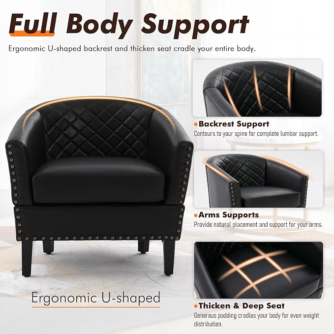 QQU Barrel Accent Chair, Retro PU Leather Club Chair with Nail-Heads, Upholstered Armchair for Living Room, Bedroom, Waiting, Office (Black)