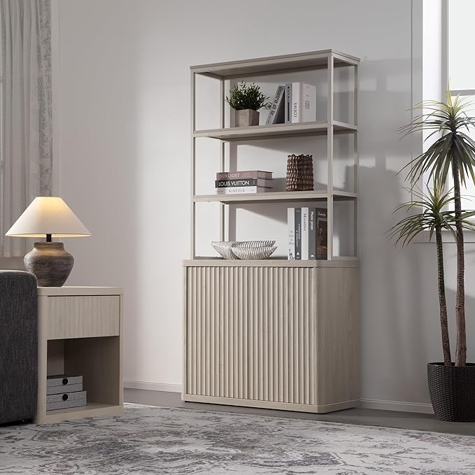 SICOTAS Book Shelf Fluted Bookshelf 71" Tall Bookcase with Doors Storage 5 Tier Mid Century Modern Bookshelves Large Shelves Metal Book Cases for Living Room Office Bedroom Kitchen Library