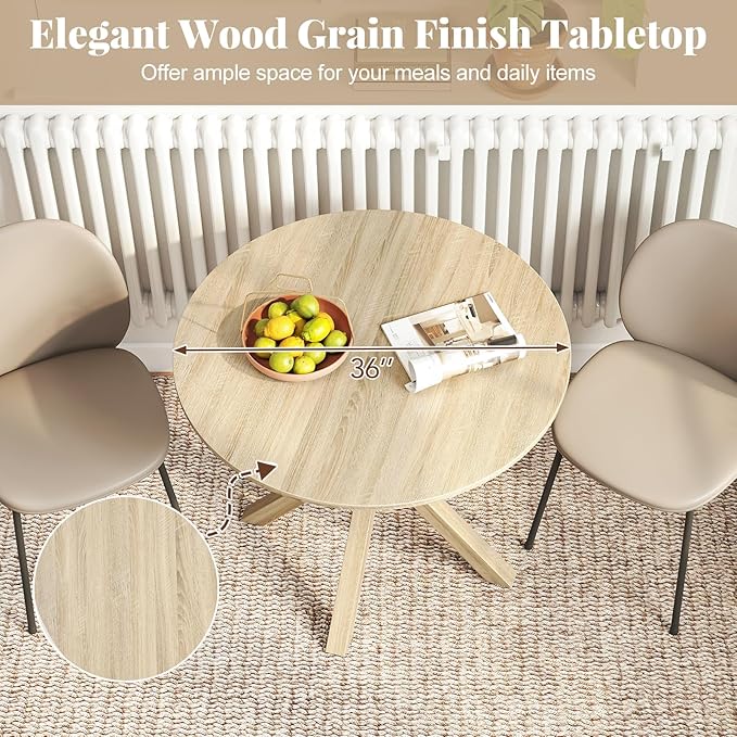 Moccha 36" Round Dining Table for 4 - Rubber Wood Kitchen Table with Intersecting Trestle Legs, Vintage Bar Table, Farmhouse Dining Room Tables for Dinette, Small Space, Restaurant, Bistro (Oak)