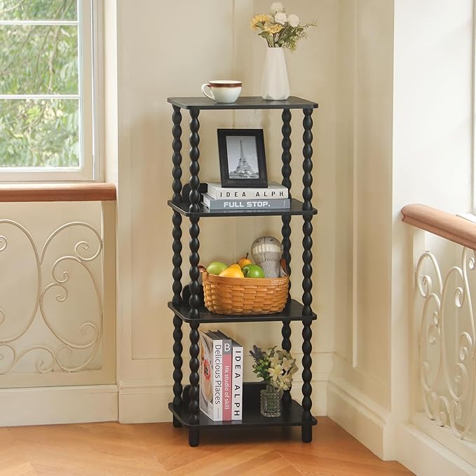 Fultyle Book Shelf, 4-Tier Bookshelf with Storage, Small Bookcase Display Shelves with Solid Wood Legs for Bedroom, Living Room, Office and Small Spaces (Black)