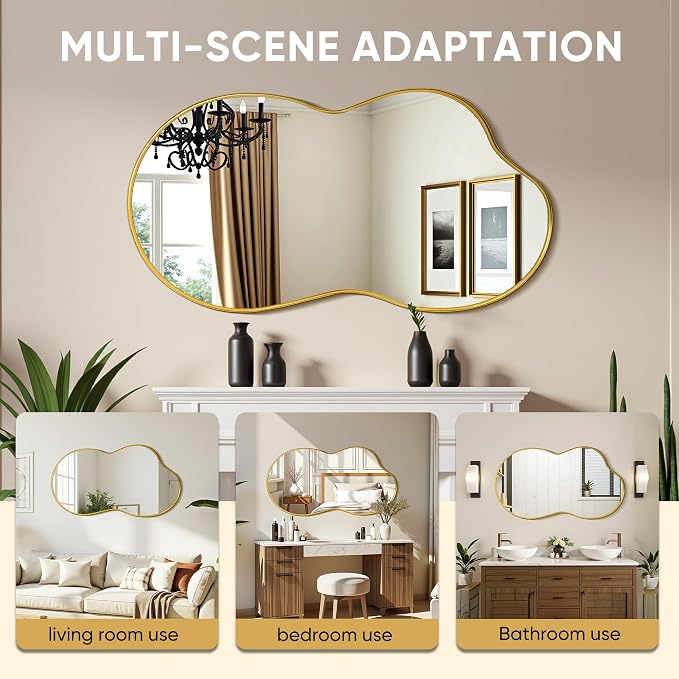 Suidia Irregular Wall Mirror, 48"x26" Bathroom Mirror Asymmetrical Mirrors Artistic Mirrors Decorative for Living Room Bedroom Bathroom Hallway Entryway, Gold, Cloud Style