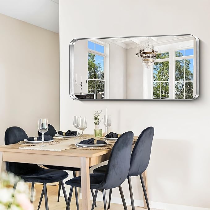 CIRCUMI Silver Bathroom Mirror, 24"x48" Rectangular Mirror with Deep Metal Frame, Rounded Corner, Tempered Glass, Large Mirror for Wall, Over 2 Sinks, Installed Vertically/Horizontally, Crystal-Clear