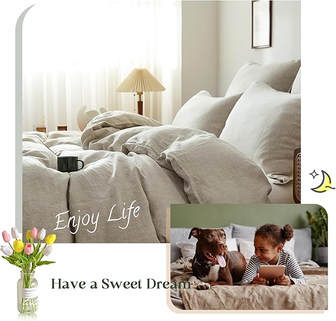 Simple&Opulence 100% Linen Duvet Cover Set, 3 PCS Natural French Flax Linen Duvet Cover Queen Size, Breathable Soft Comfy Linen Bedding Comforter Cover with 2 Pillowcases(Linen, 88"x92")