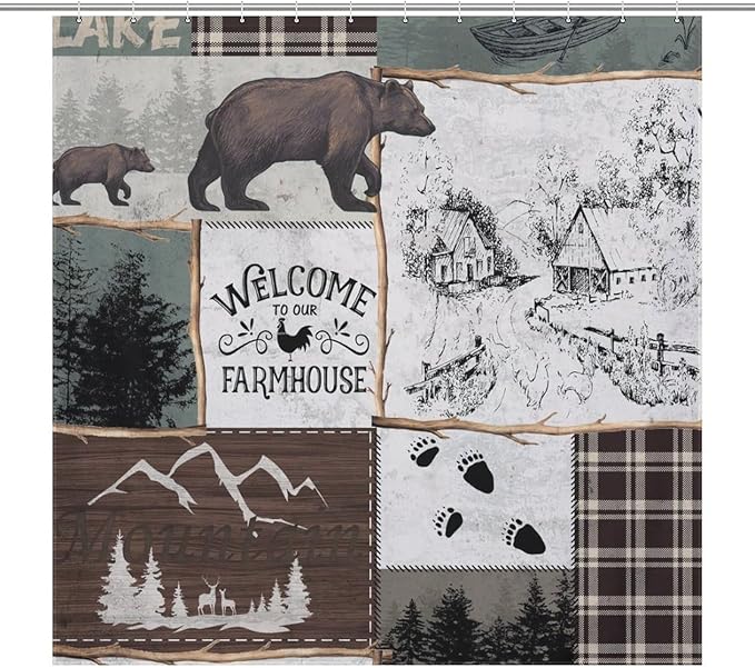 Rustic Cabin Vintage Bear Shower Curtain Country Lodge Deer Mountain Forest Farmhouse Waterproof Shower Curtains for Bathroom Decor 12 Pack Hooks 72x72in (183x183cm)