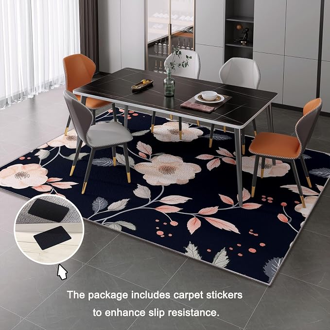 Area Rugs for Living Room, 4x5 Washable Rug Black Soft Low Pile Non-Slip Carpet Stain Resistant Carpets for Bedroom Dining Room Farmhouse Nursery, Retro Branches and Leaves Elegant Flowers