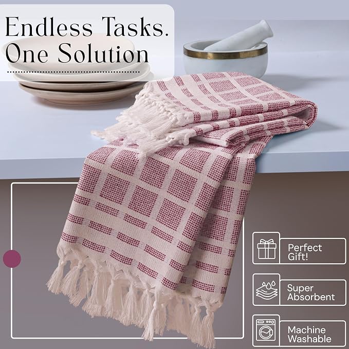 Matrix Dobby Kitchen Towels 4 Pack 100% Cotton, 16x26 Inches, Decorative Tea Towels with Handmade Tassels, Absorbent Reusable Dish Cloths for Kitchen Drying - Burgundy Wine, Natural