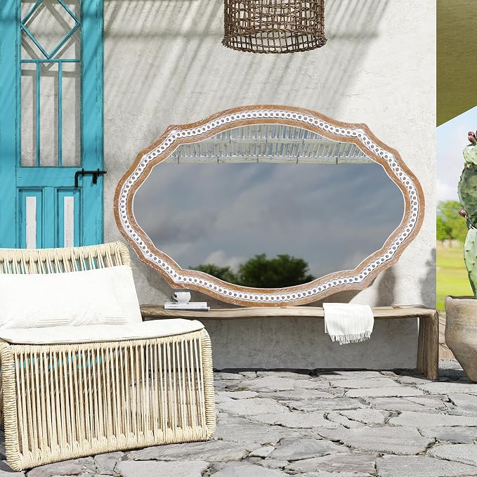 24x35 Inch Decorative Wooden Oval Wall Mirror, Rustic Farmhouse Bathroom Mirror Over Sink, Accent for Entryway, Living Room, Bedroom, Vertical or Horizontal Hanging
