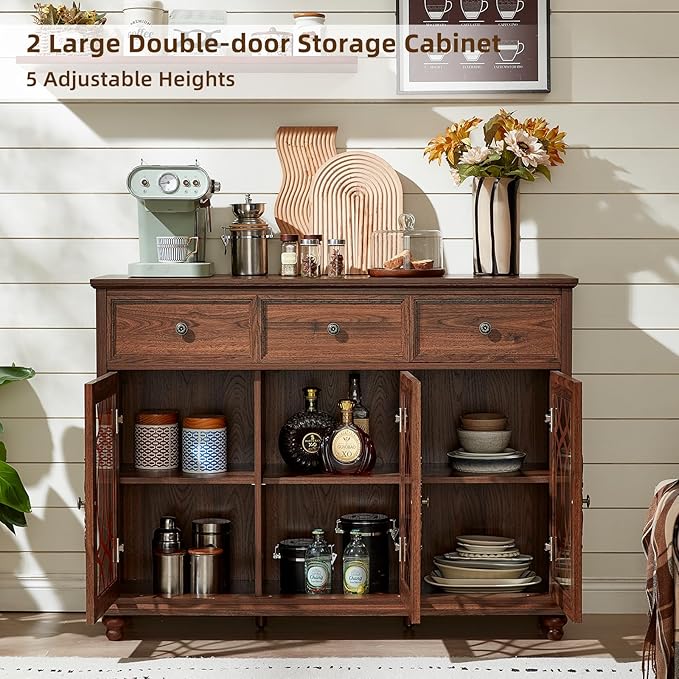 Farmhouse Sideboard Buffet Cabinet with Storage,48" Large Credenza with 3 Glass Doors & 3 Drawers,Adjustable Shelves Console Table,Wood Kitchen Coffee Bar for Dining Room,Living Room,Brown