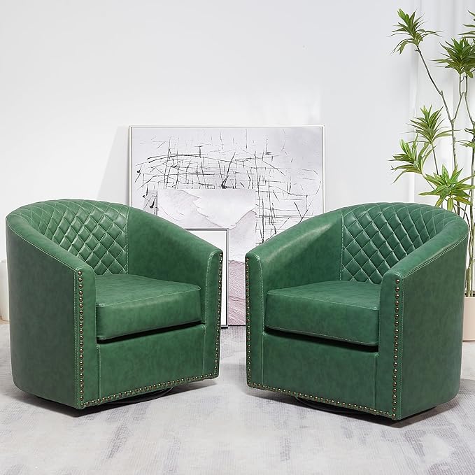 KINWELL 29" Wide Tufted Faux Leather Swivel Barrel Chair Set of 2, PU Leather Modern Upholstered Accent Chairs with Nailhead Trim, Small Armchair for Living Room Bedroom, Green