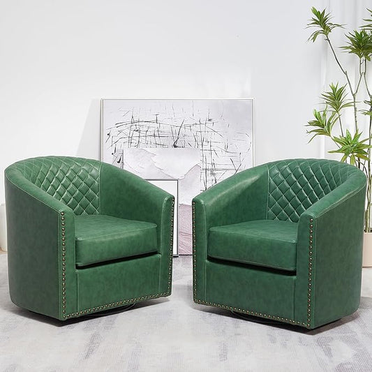 KINWELL 29" Wide Tufted Faux Leather Swivel Barrel Chair Set of 2, PU Leather Modern Upholstered Accent Chairs with Nailhead Trim, Small Armchair for Living Room Bedroom, Green