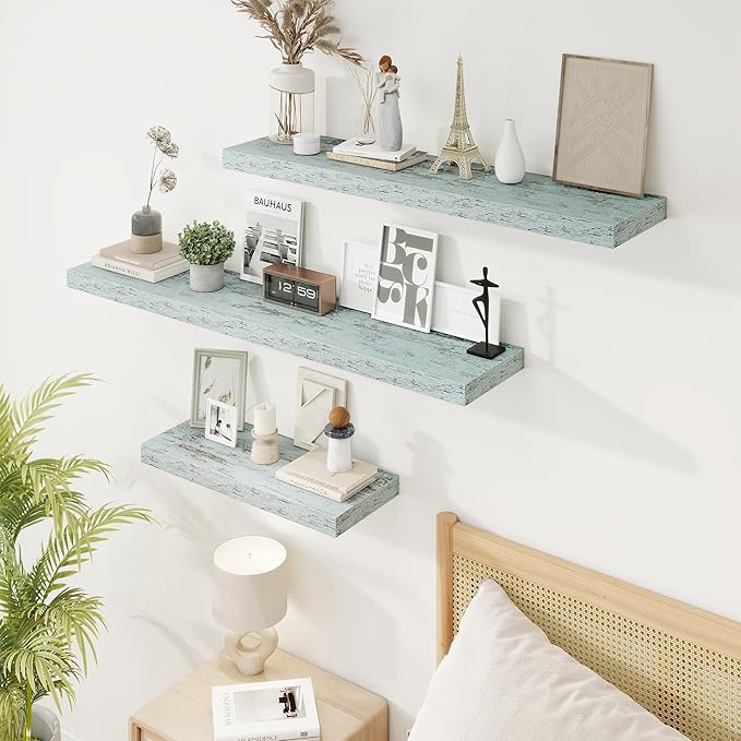 24in Floating Shelves for Wall, 24"W x 9.25"D x 1.25"H, 2 Pack Long Wall Mounted Engineered Wood Shelves with Invisible Brackets for Living Room, Bedroom, Bathroom, Kitchen Decor and Storage, Blue