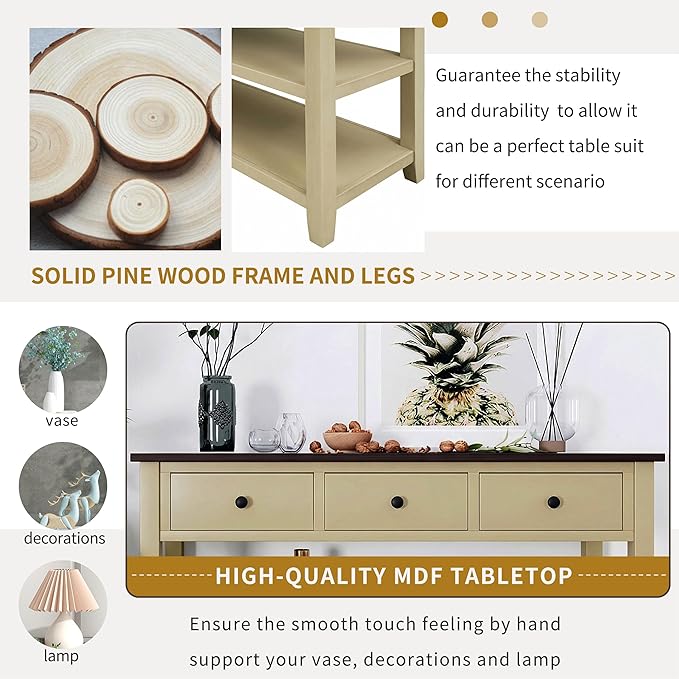 LUMISOL Long Console Table with 3 Storage Drawers, Solid Wood Sofa Table with Storage & Open Shelves, Retro Entryway Tables for Hallway Living Room (Beige)