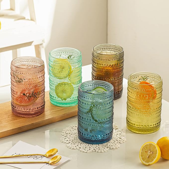 Vintage Glassware Set - 4pcs Multicolor 15.2oz Hobnail Drinking Glasses for Beer, Cocktail, Soda & Juice - Embossed Old Fashioned Glassware with Four Unique Colors