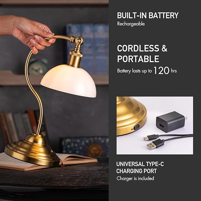 O'Bright Bankers - Cordless LED Table Lamp, Battery-Operated, Rechargeable, 3-Level Dimming, Universal USB-C Charging, 180° Swivel Head, White Jade Glass Shade, Antique Brass