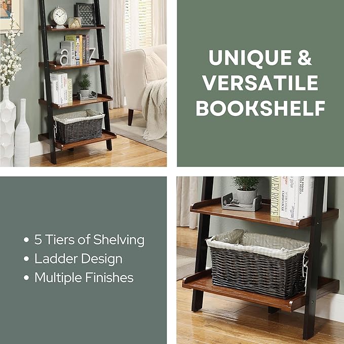 Convenience Concepts French Country Ladder Bookshelf 25" - Classic Living Room Bookcase for Traditional, Modern Office, Family Room & Home Office, Dark Walnut