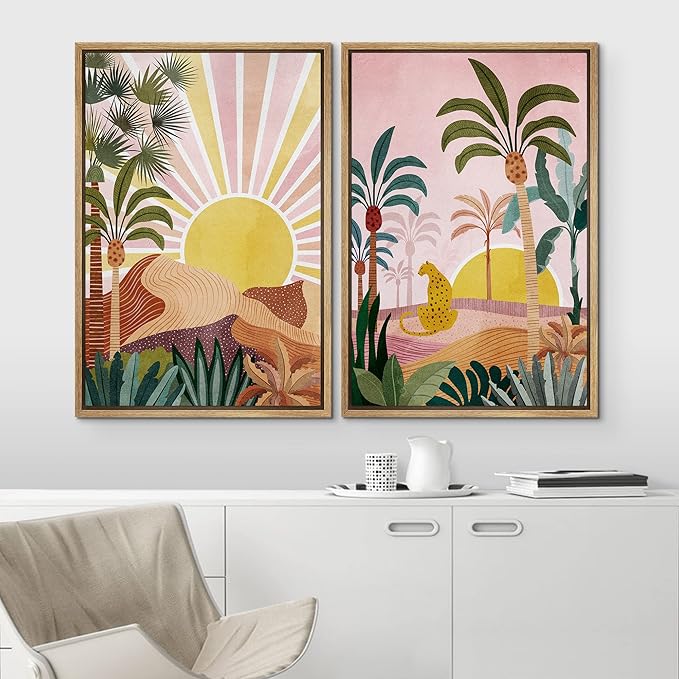 IDEA4WALL Framed Canvas Print Wall Art Set Sunlight Over Tropical Jungle Cheetah Cat Nature Wilderness Digital Art Modern Art Decorative Animals for Living Room, Bedroom, Office - 16"x24"x2 Natural