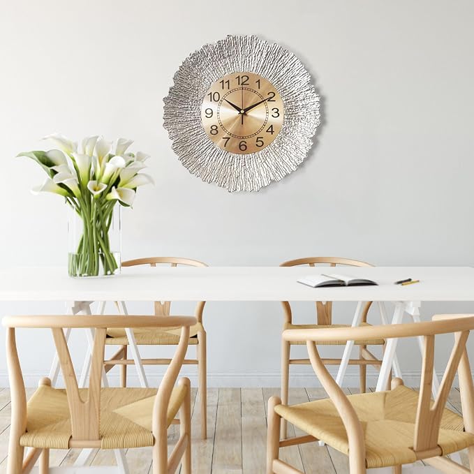 12 Inch Sliver Wall Clock for Living Room, Boho Decor Wall Clocks Sunburst Decor for Living Room, Kitchen, Farmhouse, Bedroom, Bathroom