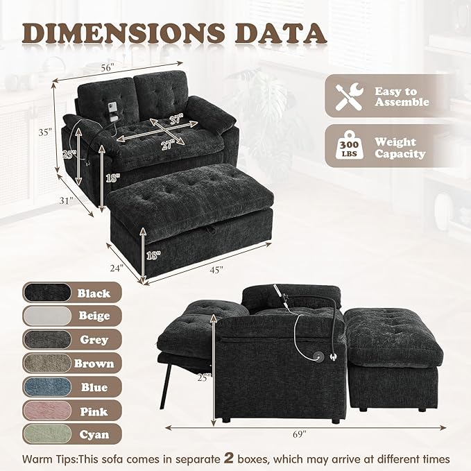 Oversized Chaise Lounge Chair Indoor with Ottoman&Adjustable Backrest,Chenille Tufted Recliner Comfy Loveseat Sofa Chair with USB&Phone Holder,Convertible Sleeper Couch Bed for Living Room(56"W,Black)