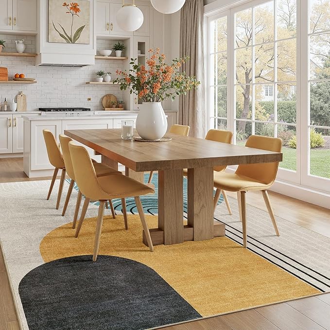 DCX Machine Washable 8x10 Area Rugs, Midcentury Modern Non Slip Stain Resistant Rug 8x10 for Living Room, Playroom, Dining Room, Soft Low Pile Large Carpet, Blue & Yellow