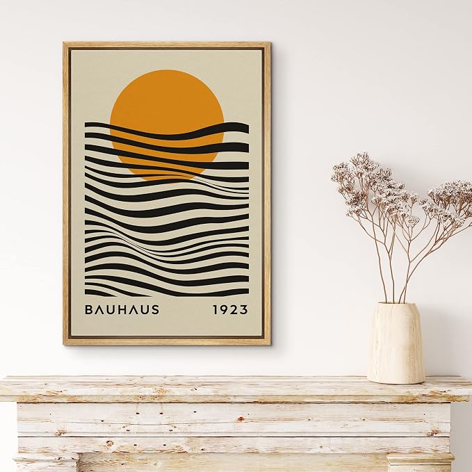 MUDECOR Framed Canvas Print Wall Art Mid-Century Bauhaus Geometric Sun Waves Shapes Abstract Illustrations Modern Art Minimal Multicolor Relax/Calm for Living Room, Bedroom, Office - 24"x36" Natural
