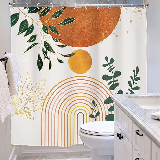 Riyidecor Orange Boho Mid Century Modern Shower Curtain for Bathroom Decor 72Wx72H Abstract Gold Leaves Minimalist Geometric Arch Sun Art Printed Fabric Polyester Waterproof 12 Pack Plastic Hooks