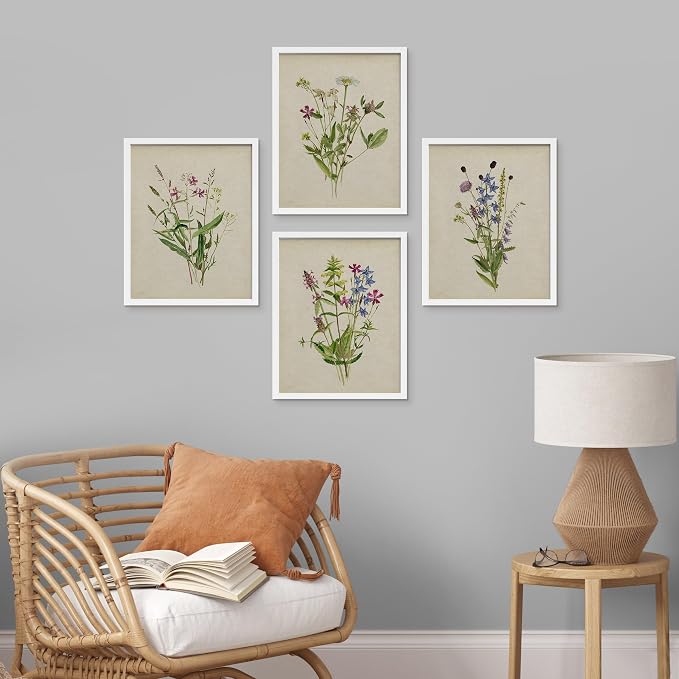 SIGNWIN Framed Watercolor Floral Botanical Wall Art, Set of 4 Vintage Wall Decor Prints, Minimalist Wall Décor for Living Room, Bedroom - 11"x14" White