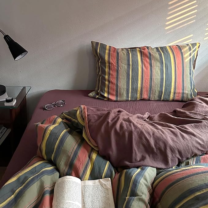 mixinni Vintage Striped Duvet Cover Set Twin XL Size - 3 Piece 100% Washed Cotton Bedding Set, Soft & Breathable,Colorful Striped Pattern Printed Comforter Cover for All Seasons
